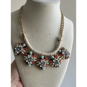 Colorful Jeweled Multicolor Orange Rhinestones Statement Bib Necklace 20”